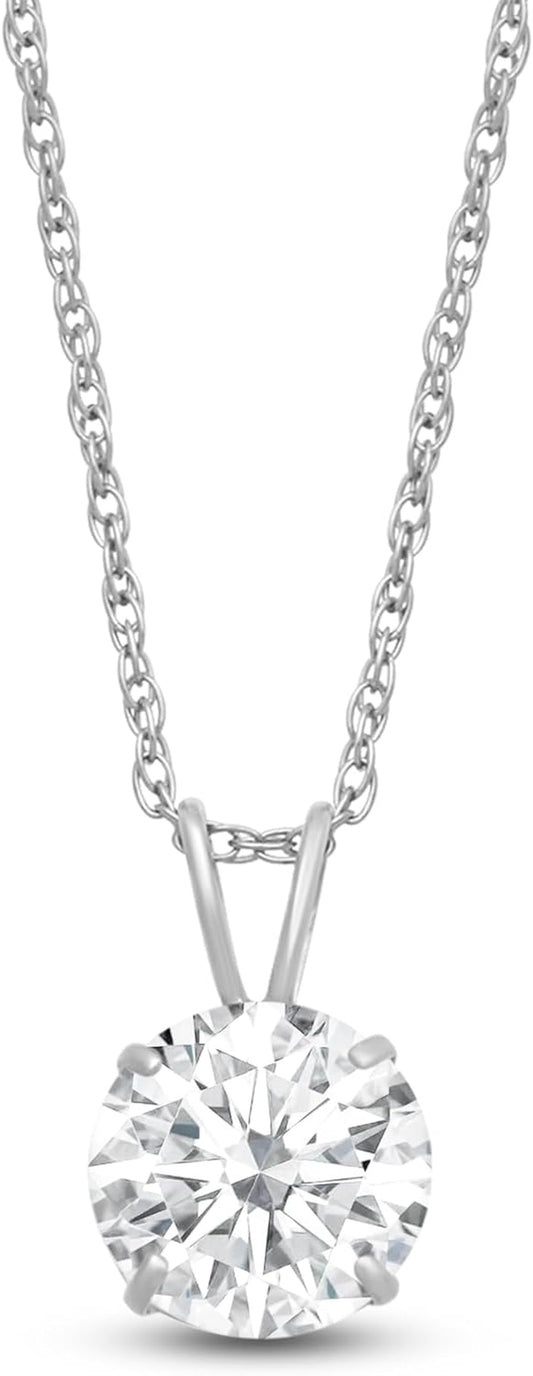10K White or Yellow Gold Solitaire Pendant Necklace Set with round Cut Cubic Zirconia, 18" Rope Chain
