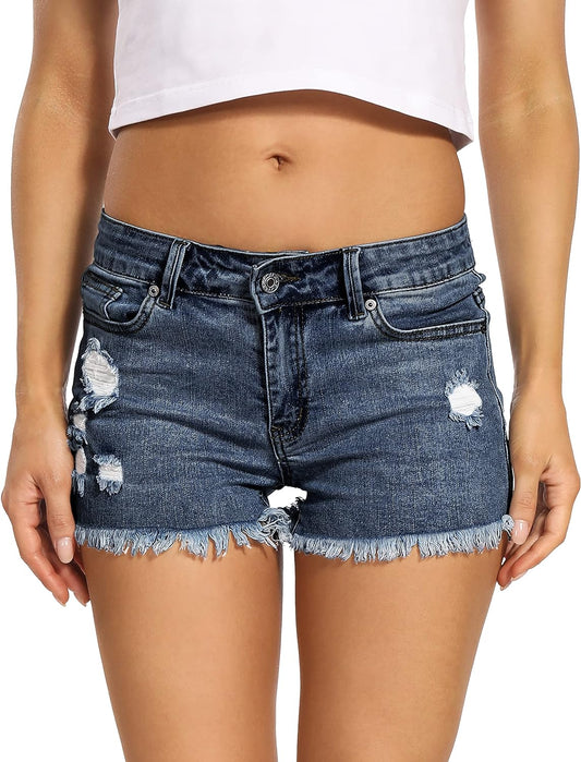 Distressed Jean Shorts for Women Summer Stretch Denim Fray Hem Short Jeans