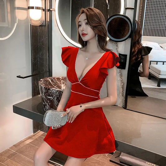 2021 Summer New Sexy Elegant V-Neck Simple Flying Sleeve Vintage Office Lady Solid Mujer Fashion Women Party Mini Dress Robe